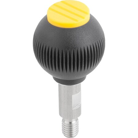 Kipp Spherical Knob Revolving Size:1, D1=25 D=M06X10, Plastic Black, Comp:Stainless, Cap:Yellow K0254.01067